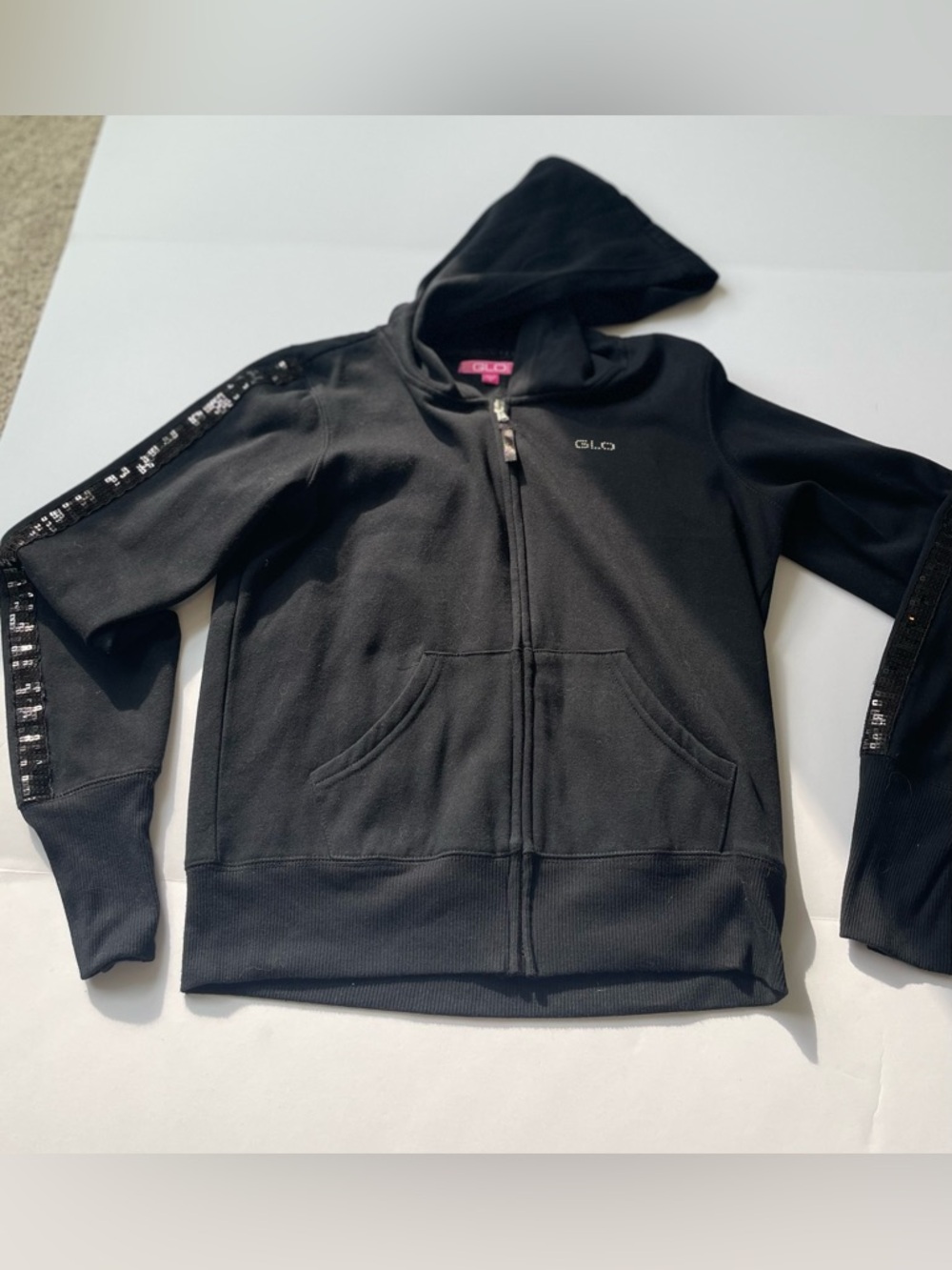 GLO Velour Hoodie Women Large Black Rhinestone Sleeve Accent Full Zip Y2K VTG